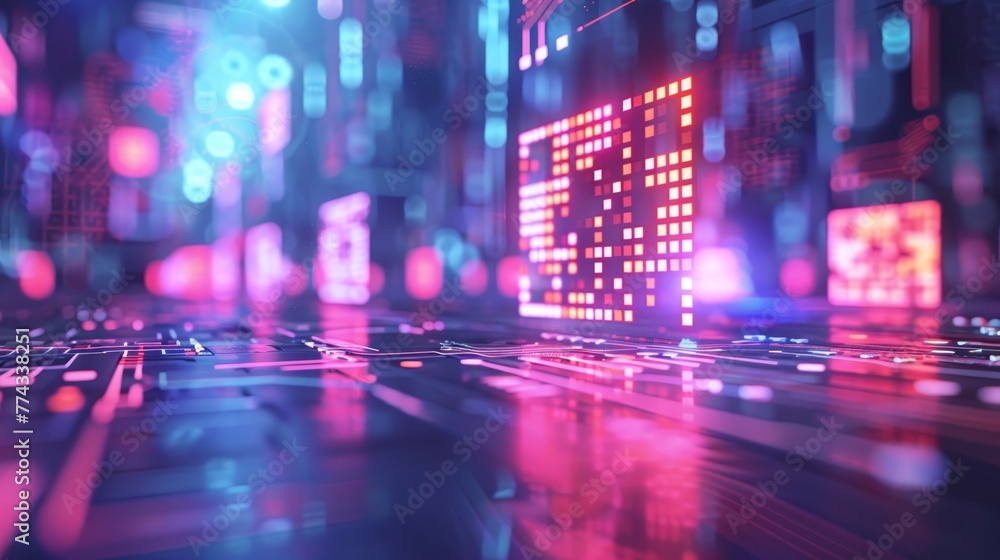 Poster a computer chip is lit up in a cityscape. the image is a representation of the digital world and the