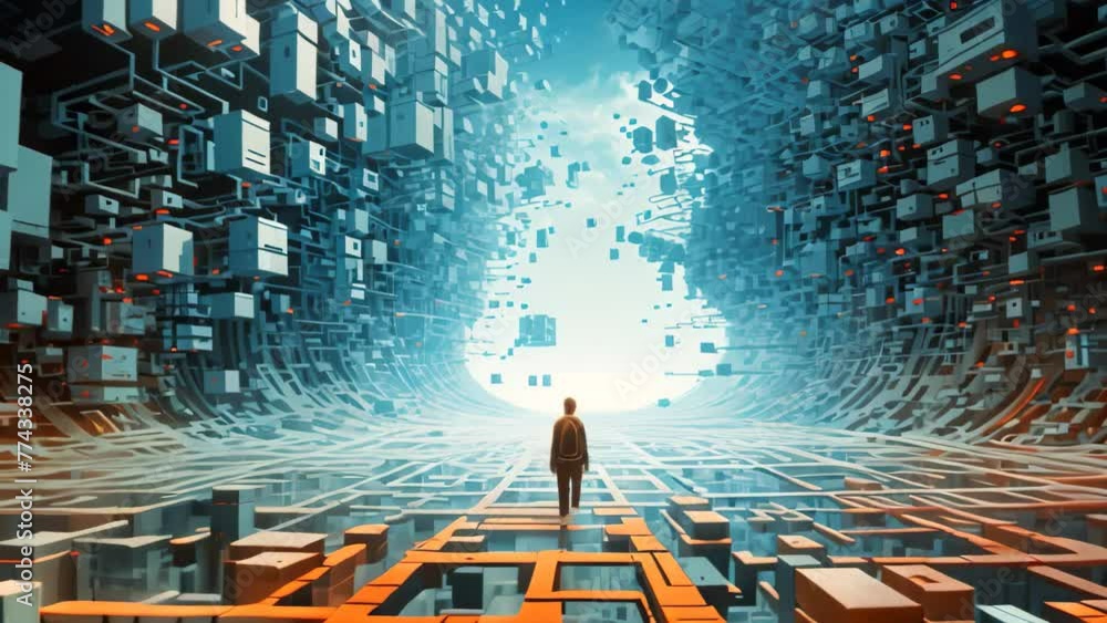 Poster businesswoman standing in front of a digital tunnel with binary code, chaos and order merging in a c