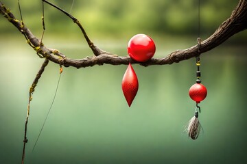 fishing bobber tangled on a tree limb with copyspace.. - obrazy, fototapety, plakaty