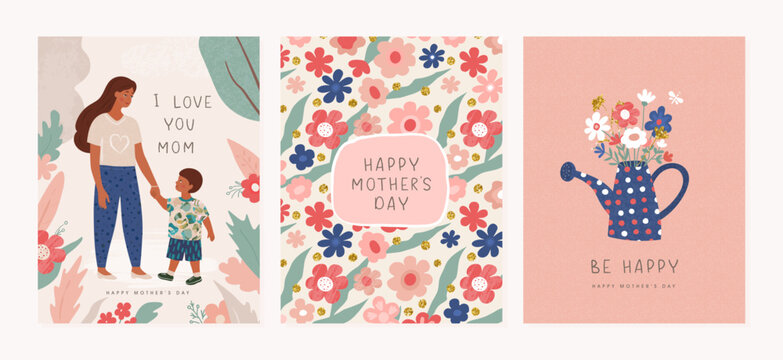 Set of Happy Mother's Day greeting cards. Vector illustration with mother and child, flowers and watering can.