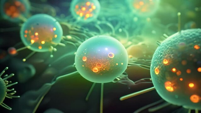 Microscopic view of virus cells, 3D illustration. Microscopic view of virus cells, cellular therapy and regeneration, microscopic view of body cells, research of stem cells, AI Generated