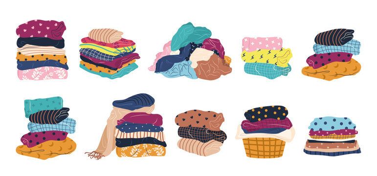 Stack of clean, ironed and dirty items of clothing. Set of folded multicolored clothes, apparel and garments, including sweaters, plaid, shirts, blanket. Isolated vector illustrations on white.