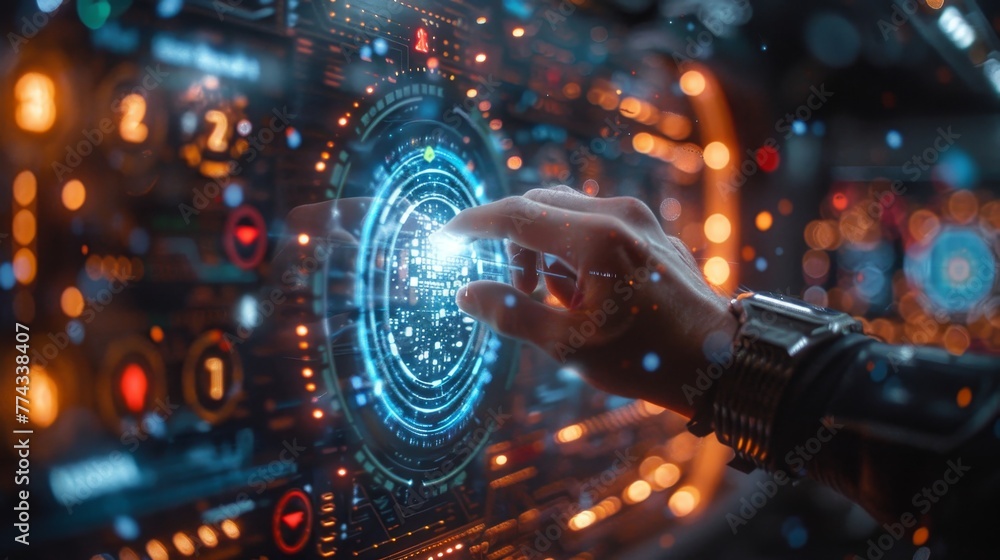 Poster a hand is pointing at a glowing circle on a computer screen. the circle is surrounded by a blue and 
