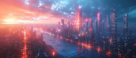 Futuristic cityscape with towering skyscrapers and advanced technology - obrazy, fototapety, plakaty