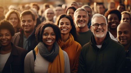 Diverse Crowd Gathering Outdoors - Close-up of Faces and Smiling Team Generative AI