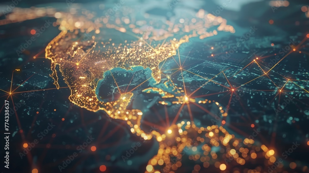 Poster a map of the united states with a glowing network of lines. the map is lit up with a warm, glowing l