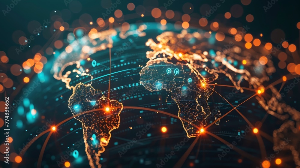 Poster a globe with a network of lines and dots surrounding it. the globe is lit up with a blue and orange 
