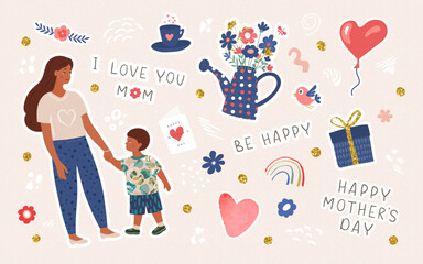 Happy Mother's Day. Set of vector illustrations of mom and son,flowers in a watering can,gift box,balloon,watercolor heart and more. Set of stickers for your design.