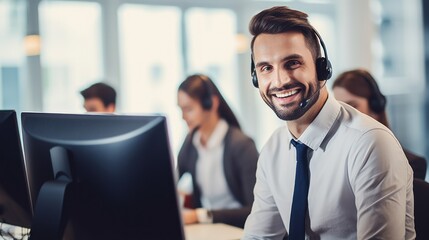 Portrait of a Male Call Center Agent Using Headset at His Modern Office Workspace Generative AI