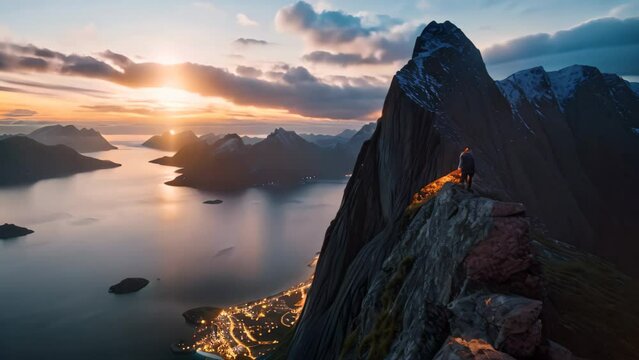 Lofoten islands, Norway. Lofoten is an archipelago in the county of Nordland, climber climbs the big rock, high mountains lofoten island, hiper northen light, midnight sun, AI Generated
