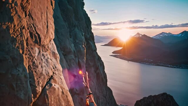 Young woman climber climbing on a rocky wall at sunset in the mountains, climber climbs the big rock, high mountains lofoten island, hiper northen light, midnight sun, AI Generated