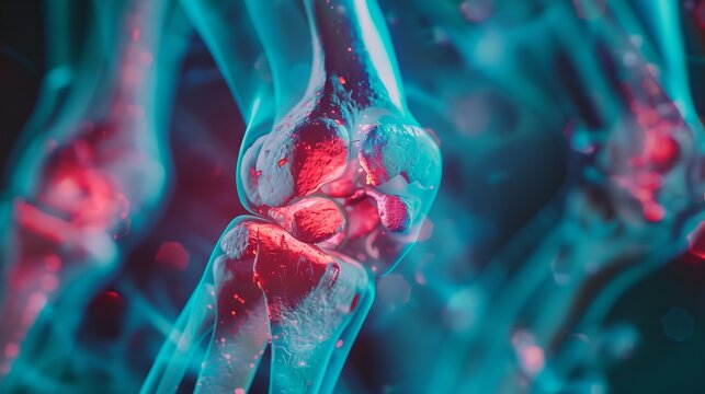 Close-up of a Synovial Joint Illustration in Vivid Colors. Medical Visualization with a Futuristic Feel. Conceptual Image of Human Anatomy. AI