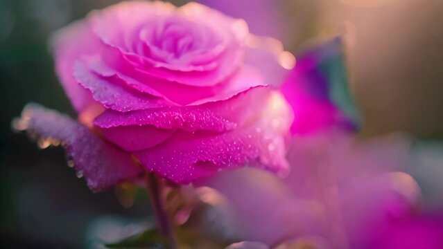 Beautiful pink rose with dew drops on the petals, Close-up of Dew-kissed rose blooming at dawn, AI Generated