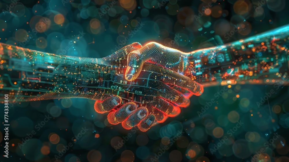 Poster a hand shaking another hand in a digital image. concept of connection and collaboration between two 