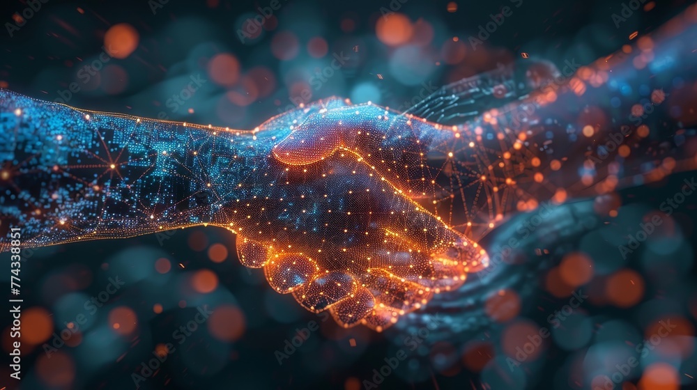 Poster a hand is shaking another hand in a digital image. concept of connection and collaboration between t