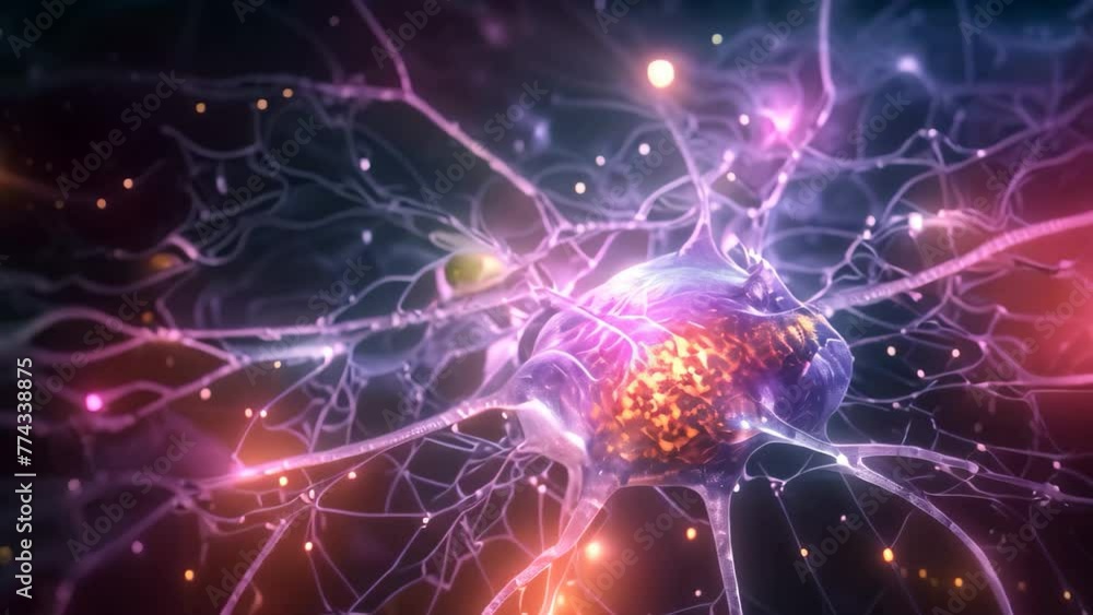 Poster 3d illustration of a neuron cell with neurons in the brain, close up of human brain showing neurons 