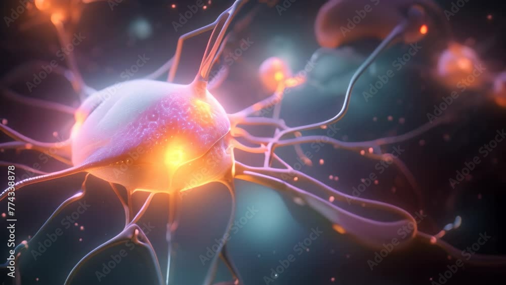 Poster 3d illustration of a neuron cell with neurons and nervous system, close up of human brain showing ne