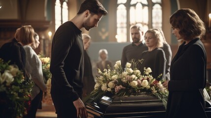 Mournful Family Gathering to Say Farewell at Church Service Generative AI