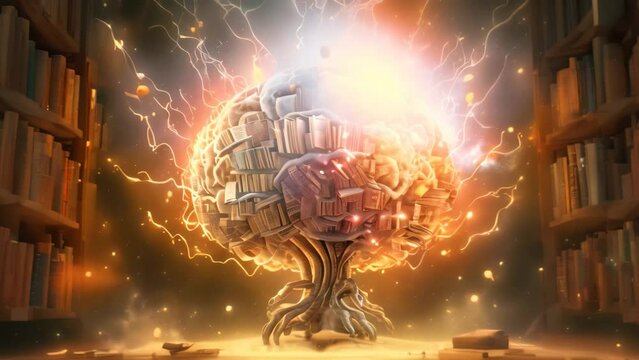 Brainstorming concept as a human brain on top of books with lightning in the background, Concept art of a human brain exploding with knowledge and creativity, AI Generated