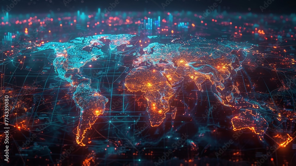 Poster a computer generated image of a globe with a city on it. the globe is lit up with a blue and orange 