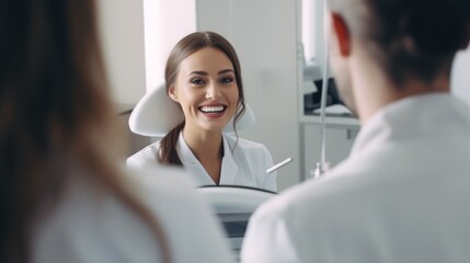 Woman Checking Smile in Dentist Mirror After Teeth Cleaning and Consultation Generative AI