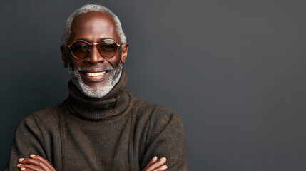 Fototapeta premium Smiling mature man in a turtleneck and trendy eyewear.
