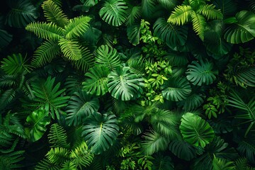 Fototapeta na wymiar Canopy of lush greenery in a dense rainforest overhead