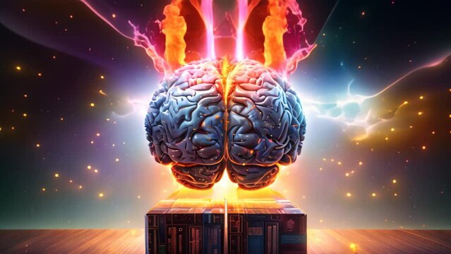 Brain coming out of an open book. 3D illustration. Science fiction, Concept art of a human brain exploding with knowledge and creativity, AI Generated