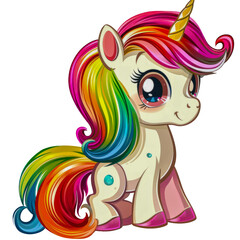 Colorful unicorn cartoon with a magical horn cut out on transparent background