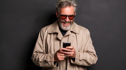 Laughing mature man with grey hair and trendy glasses holding a phone.