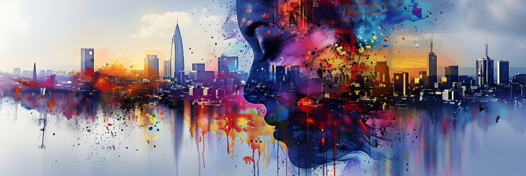 a painting of a cityscape with a lot of colorful paint splatters on the side of the picture and the city in the back ground with buildings in the background.