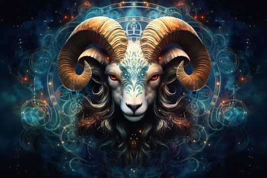 Ram face with abstract background. Fantasy digital illustration. 3d rendering