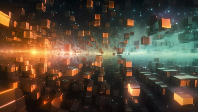 Abstract Cubes in Dark Room, Geometric Artwork in Shadowy Space, Data-streaming through cyberspace in abstract formation, AI Generated