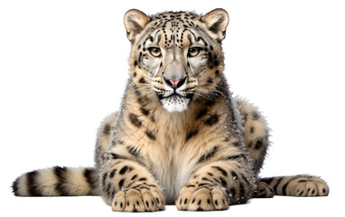 A snow leopard sits gracefully, locking eyes with the camera, exuding regal poise