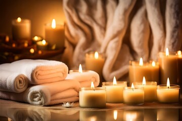 Obraz na płótnie Canvas A towel with candles in a spa environment, dreamy soft focus background with copyspace