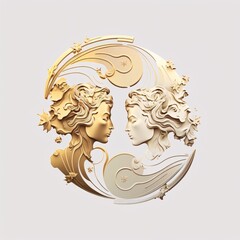 Vector illustration of two female heads with gold patterns on white background.