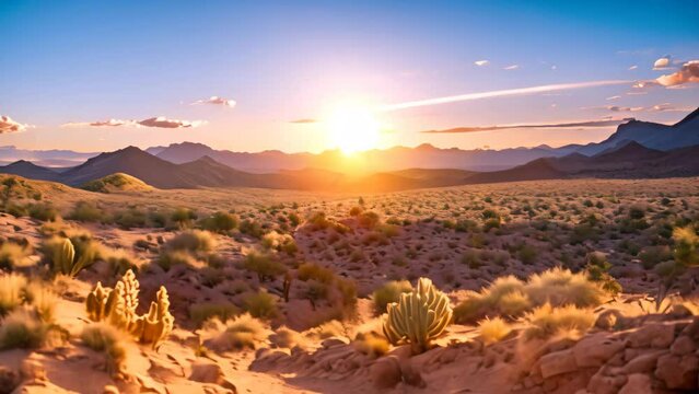 Sun Setting Over Desert Landscape, A Beautiful Natural Spectacle at the End of the Day, Desert landscape showcasing its unique beauty at sunrise, AI Generated