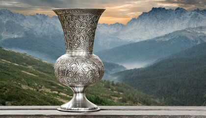 The metallic sheen of an intricately designed vase mirrors the calm and majestic mountain scenery, epitomizing opulent home décor. - obrazy, fototapety, plakaty