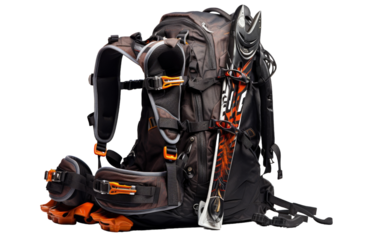 Backpack adorned with skis and poles, ready for a thrilling ski adventure
