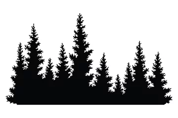 Poster Fir trees silhouette. Coniferous spruce horizontal background pattern, black evergreen woods vector illustration. Beautiful hand drawn panorama of coniferous forest © designer_things
