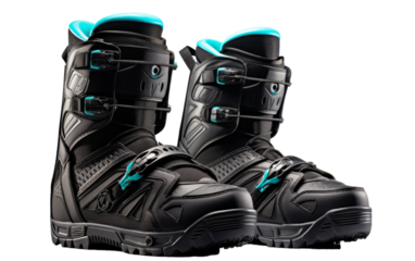 A pair of sleek black snowboard boots stand out against a white background