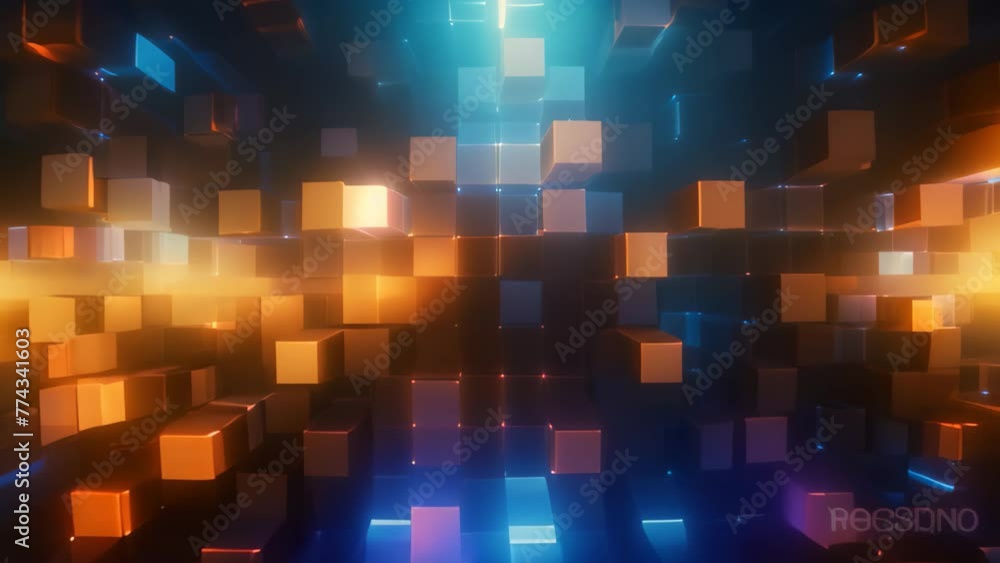 Poster abstract background with glowing squares, 3d render, computer generated image, digital abstract back