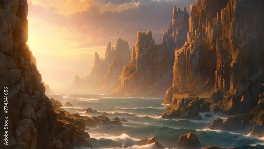 Poster Fantasy landscape with sunset over the sea. 3d illustration, Dramatic, rugged cliffs against an ocean sunset, AI Generated