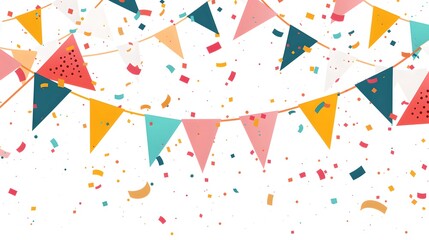 Colorful party flags and confetti on a white background. Celebratory atmosphere. Ideal for invitations and festive designs. AI