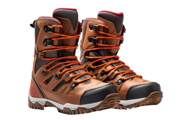 Two brown boots with striking orange laces standing side by side