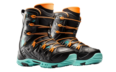 A pair of black and orange snow boots standing on a snowy ground