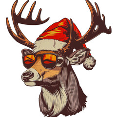 Reindeer with sunglasses and santa hat festive illustration cut out on transparent background