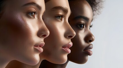 Diverse Beauty Portrait Series. Three Women Side by Side. Multiracial harmony in a simple, elegant studio setting. Celebrating diversity. Photorealistic digital art. AI