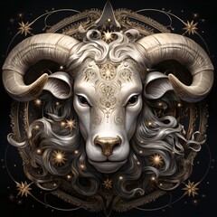 Fototapeta na wymiar Ram head with golden ornament on black background. Zodiac sign.