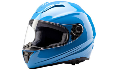 A striking blue helmet rests on a pristine white backdrop